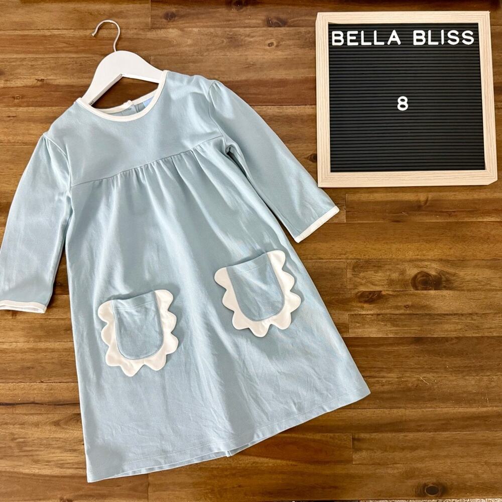 Bella Bliss Girls Light Moody Blue Sinclair Pique Ivory Scalloped Dress 8